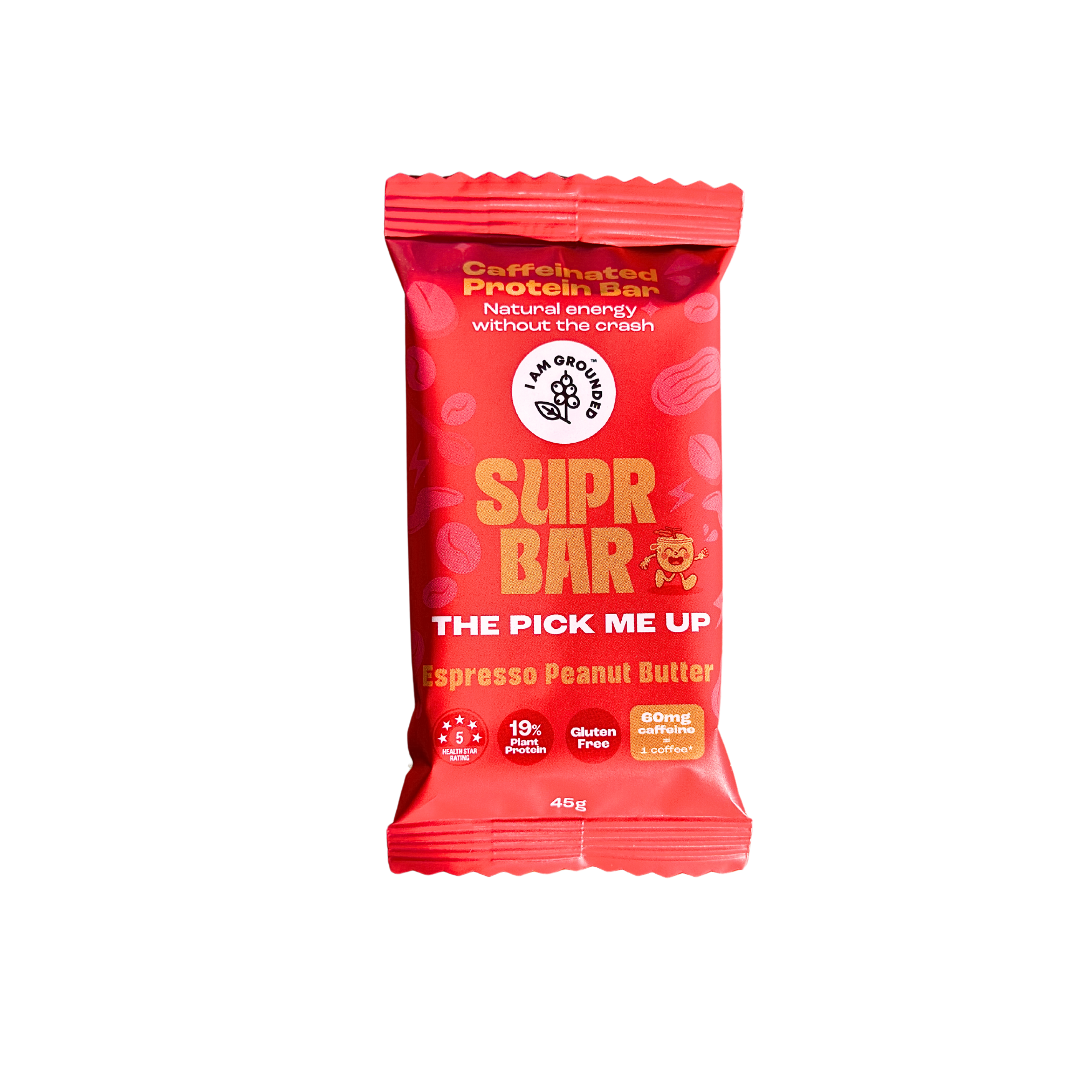 I Am Grounded Espresso Peanut Butter SUPR Caffeinated Protein Bar 45g