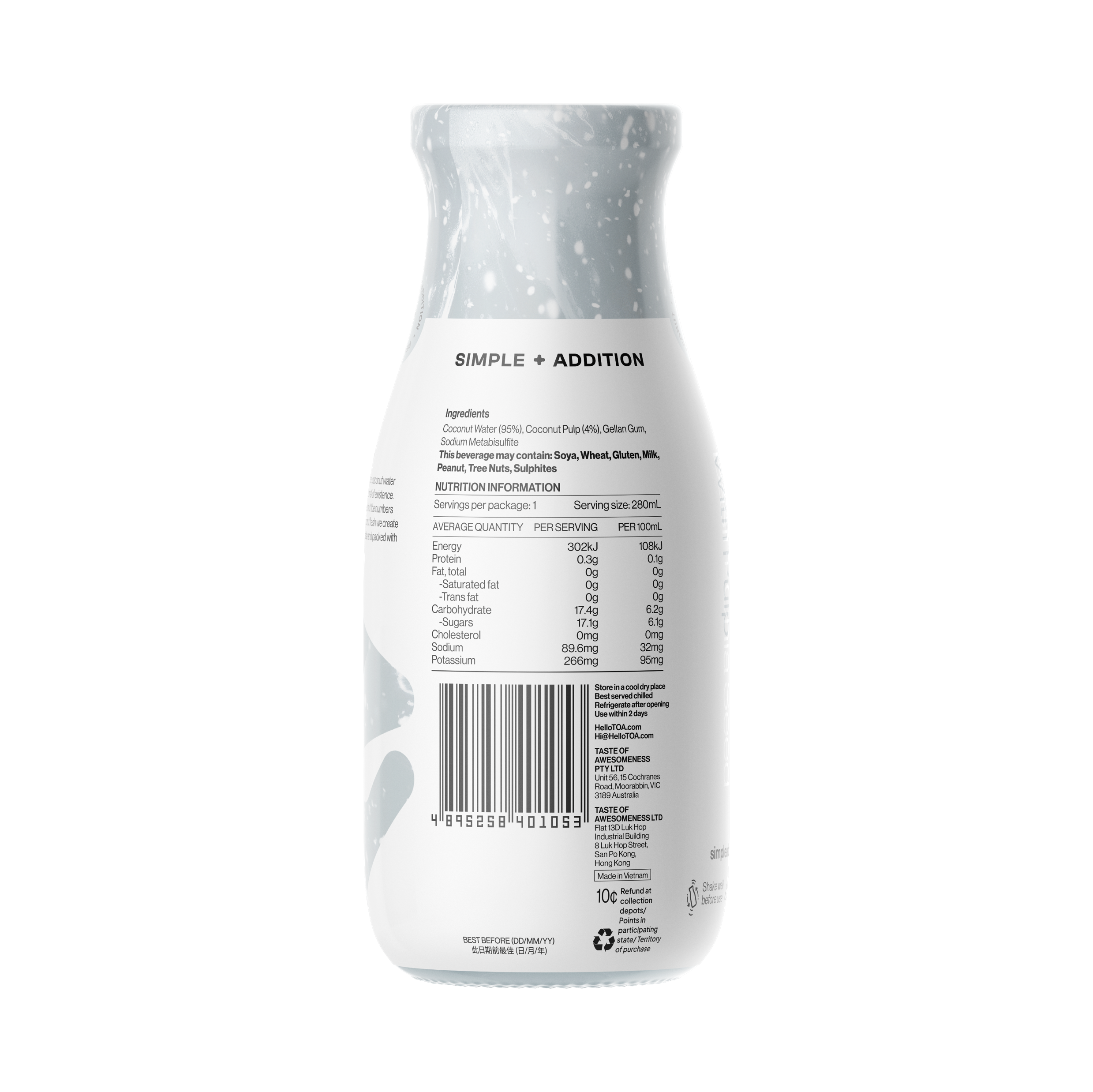 Simple + Addition Coconut Water with Pulp 280ml (Pack of 12)