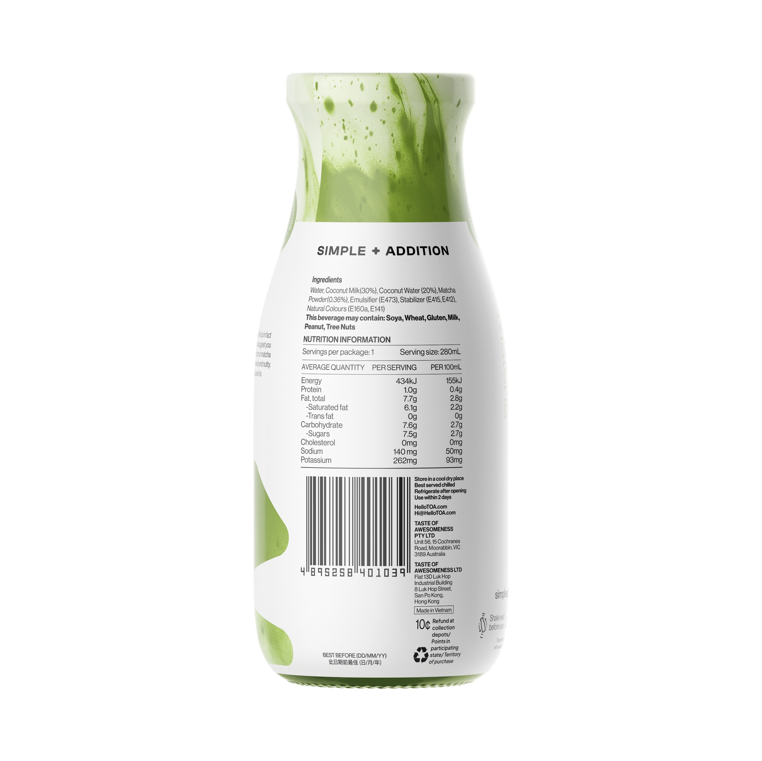 Simple + Addition Coconut Milk - Matcha Ritual 280ml (Pack of 12)