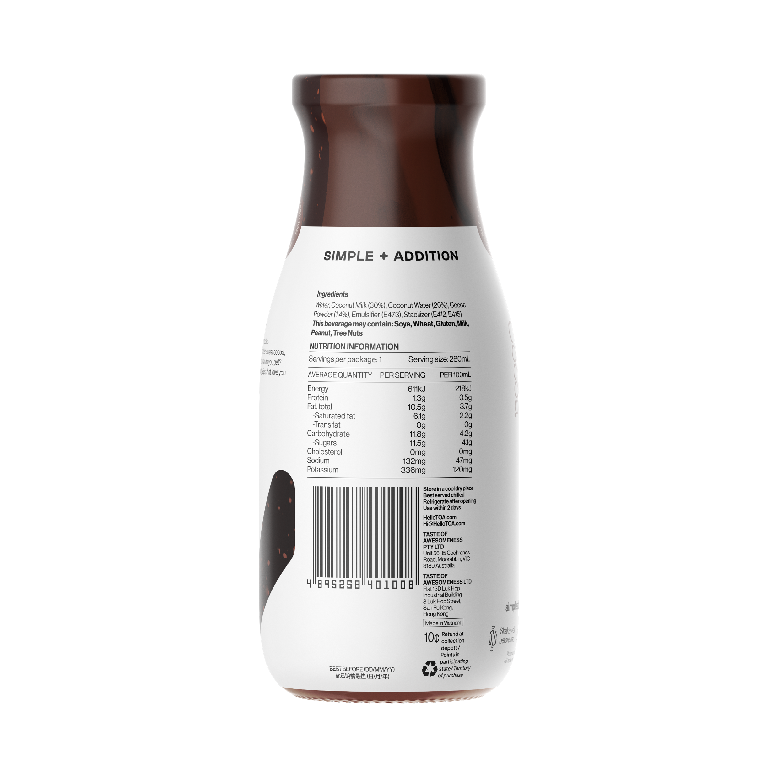 Simple + Addition Coconut Milk - Cocoa 280ml (Pack of 12)