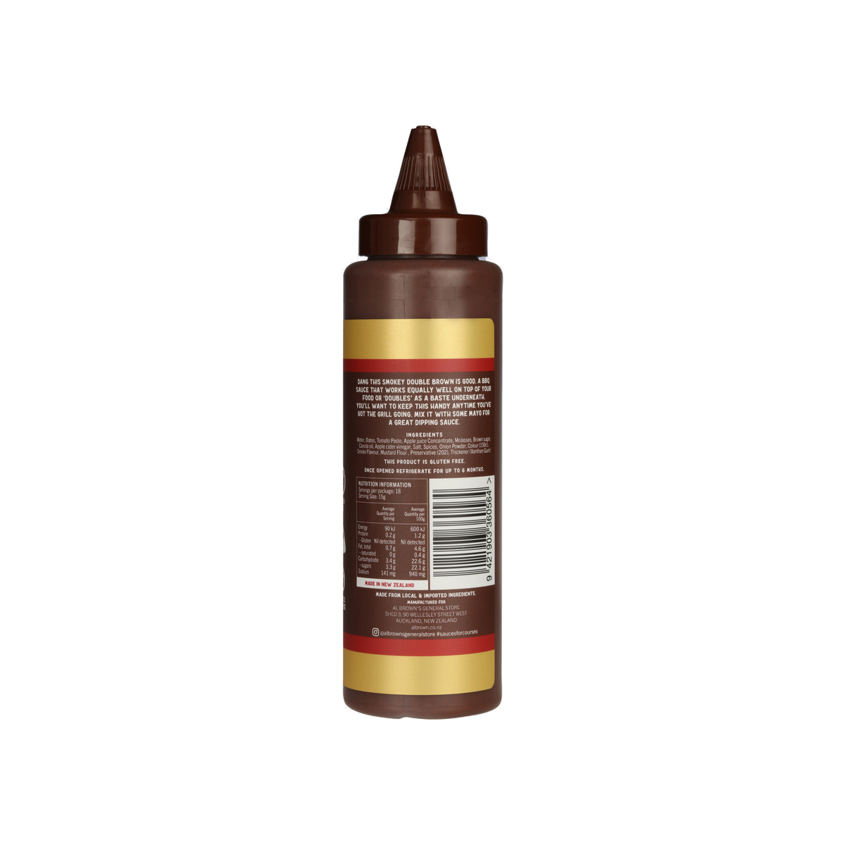 Al Brown Double Brown BBQ Sauce 270g back label with ingredients and nutrition