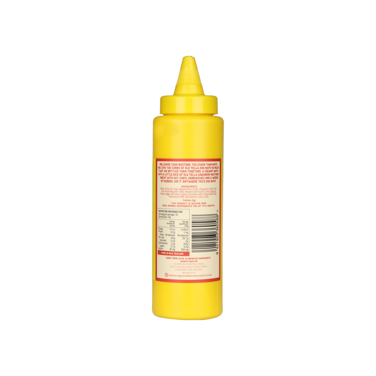 Al Brown Mello Yella Mustard Mayo 270g back label with ingredients and nutrition