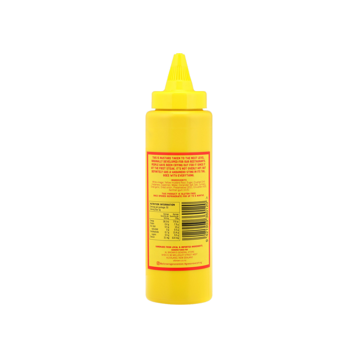 Al Brown Old Yella Habanero Mustard 250g back label with ingredients and nutrition