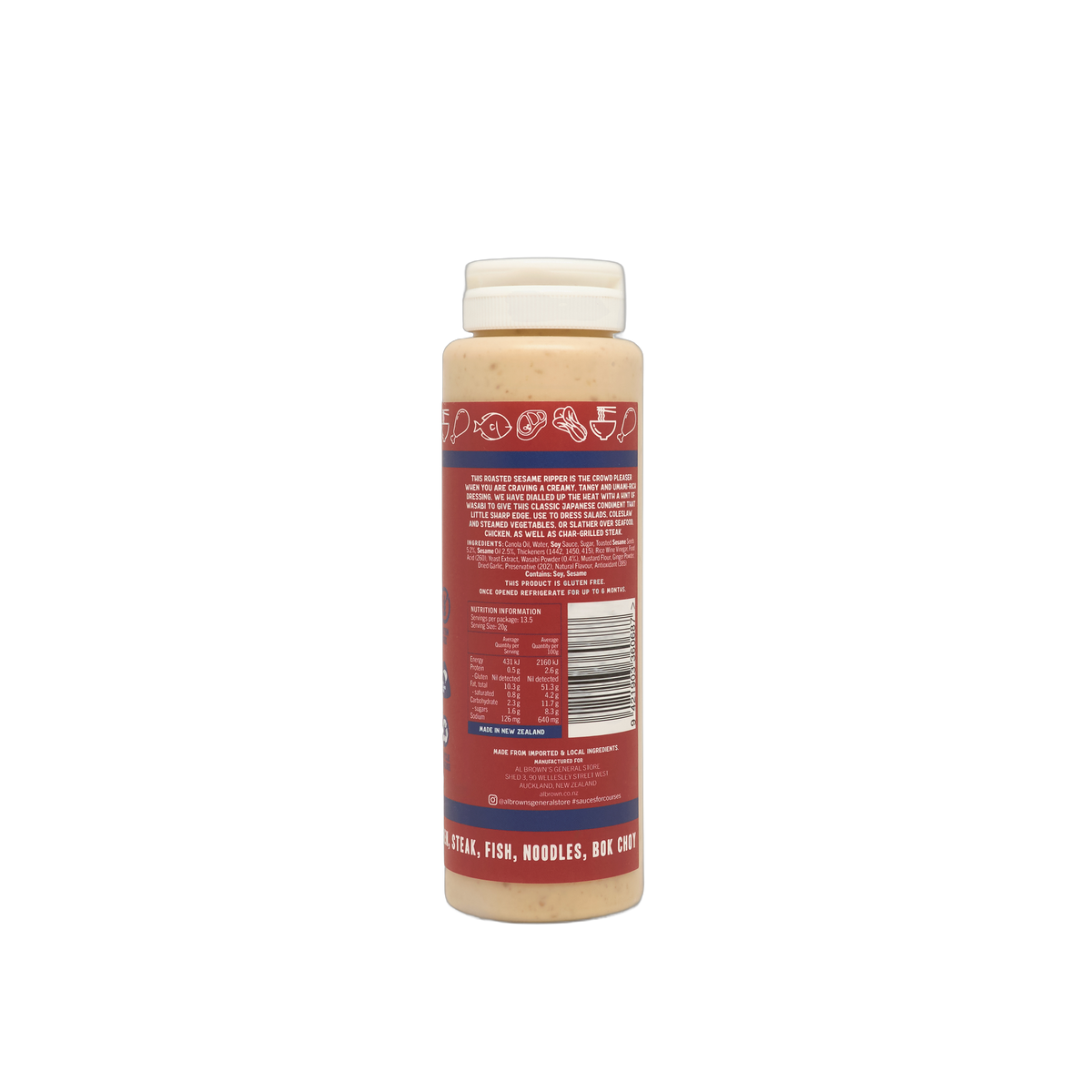 Al Brown Open Sesame Japanese Style Dressing 270g back label with ingredients and nutrition