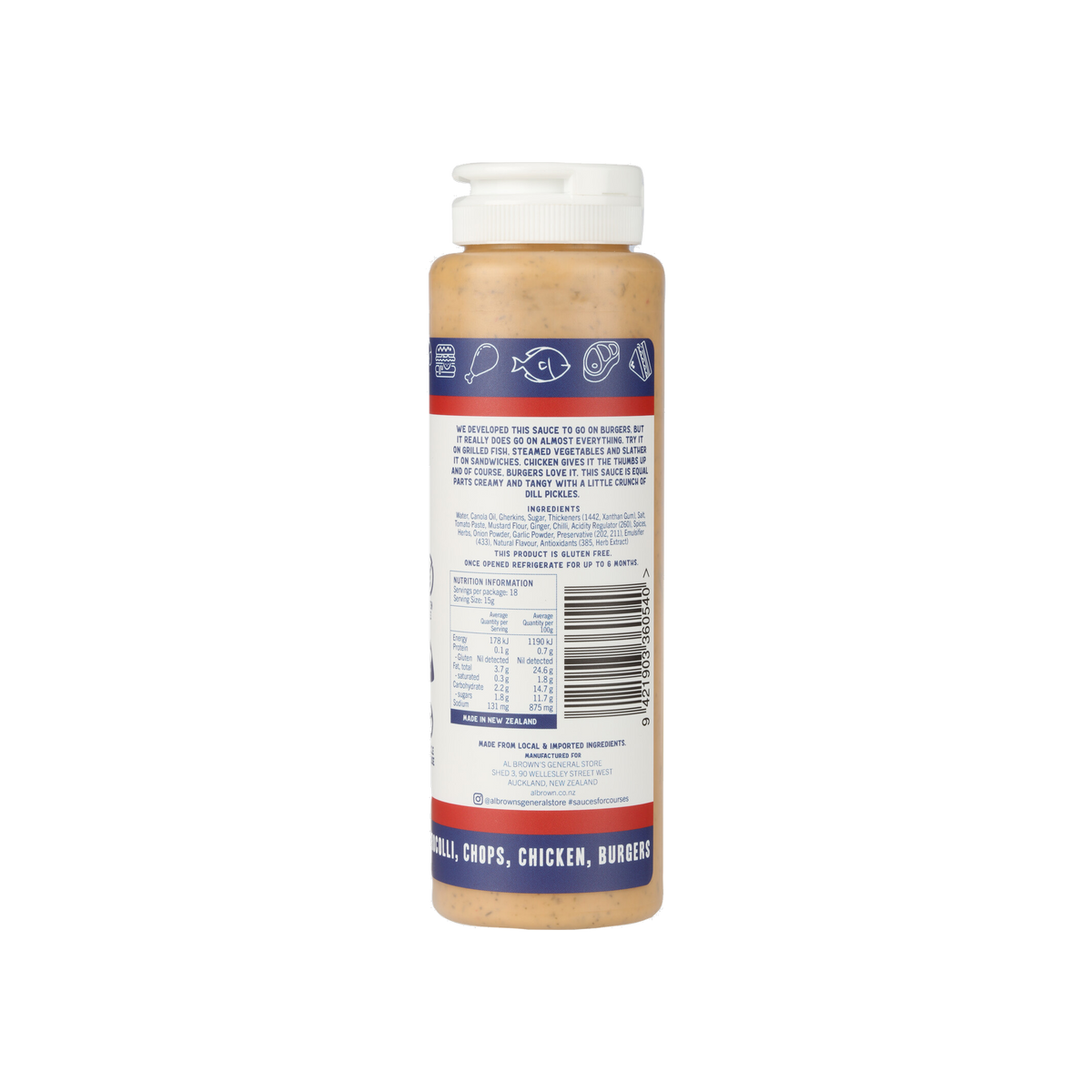 Al Brown Turf 'n' Surf All Purpose Sauce 270g back label with ingredients and nutrition