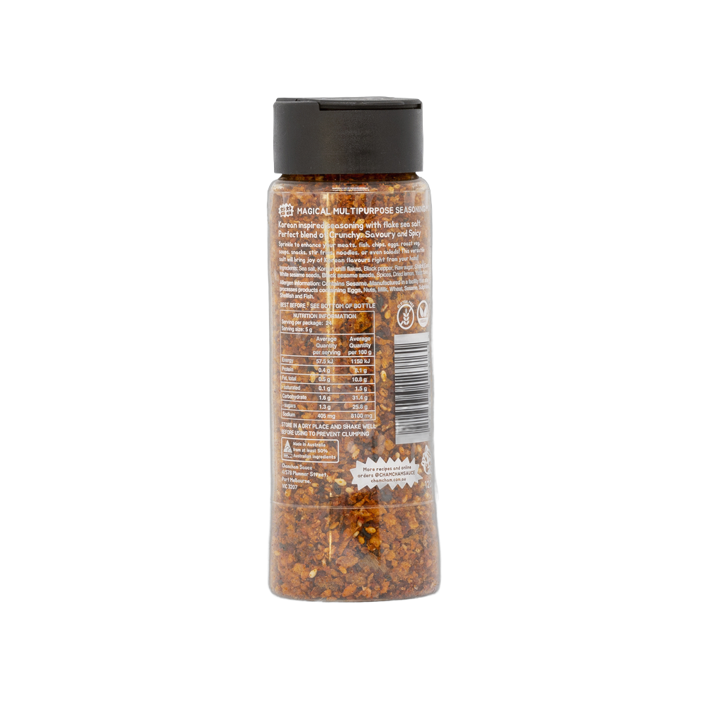 Cham Cham Tiger Crunch Korean Chilli Salt 120g back label with ingredients and nutrition