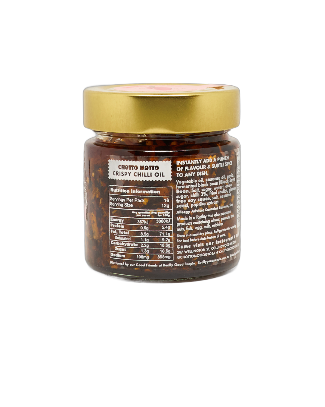 Chotto Motto Crispy Chilli Oil 200g back label with ingredients and nutrition
