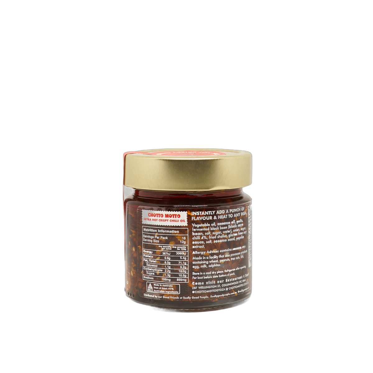 Chotto Motto Extra Hot Crispy Chilli Oil 200g back label with ingredients and nutrition