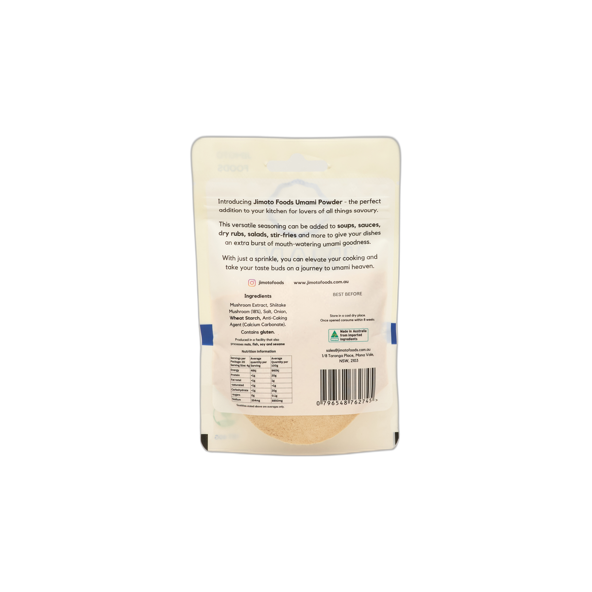 Jimoto Umami Powder 80g back of pack with ingredients and nutrition